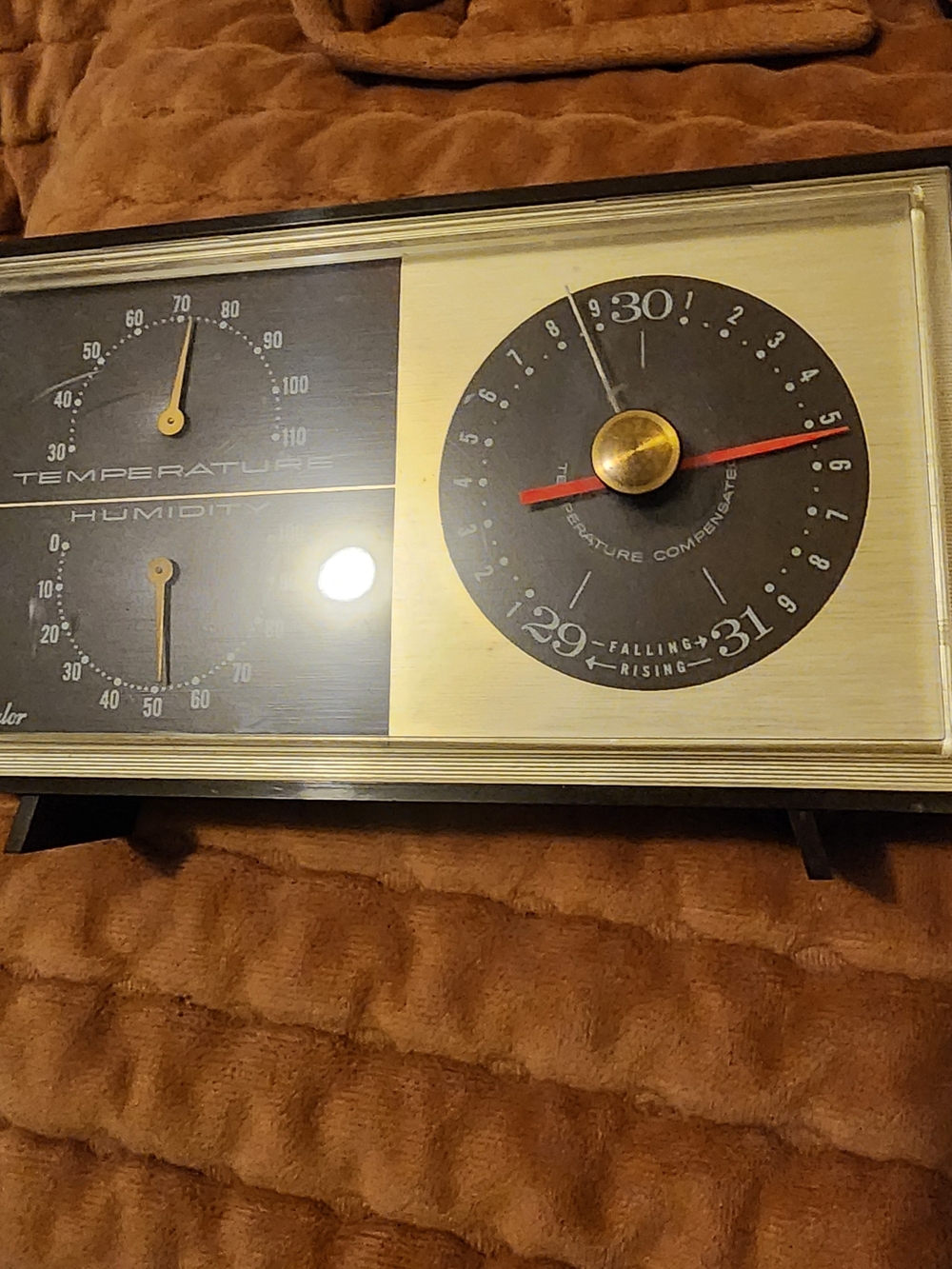 Taylor Brass and Black Wall Clock-Style Weather Gauge with Red Indicator